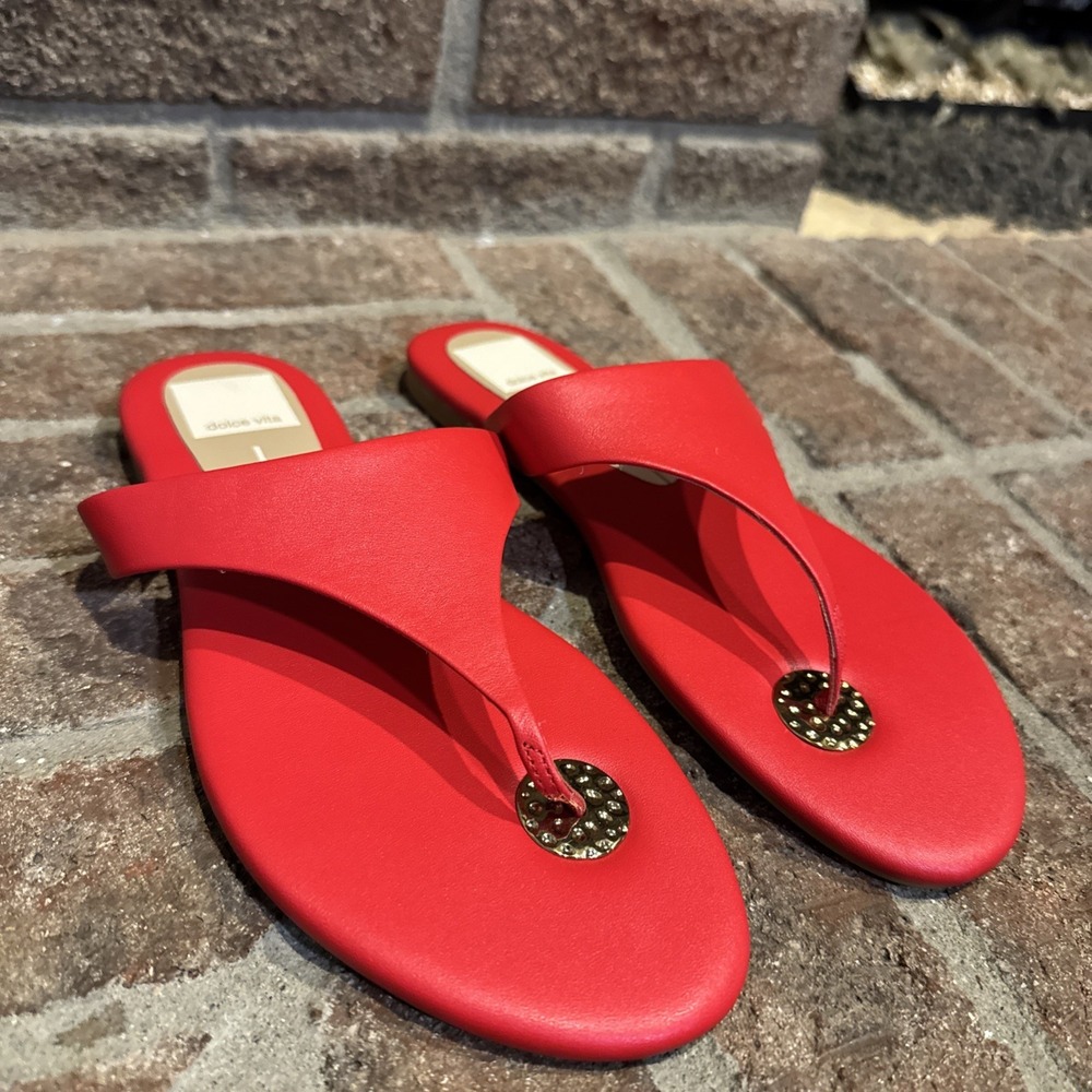 Dolce Vita Size 6.5 Red Leather Thong Sandals Gold Detail Flip Flops Kittle #353